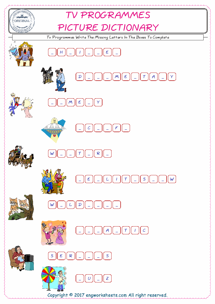  Type in the blank and learn the missing letters in the Tv Programmes words given for kids English worksheet. 